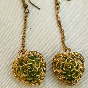 Gold Plated and Green Zirconia  Heart Earrings